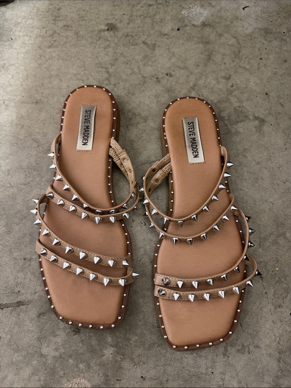 Steve Madden Tan Studded Multi-Strap Slide Sandals